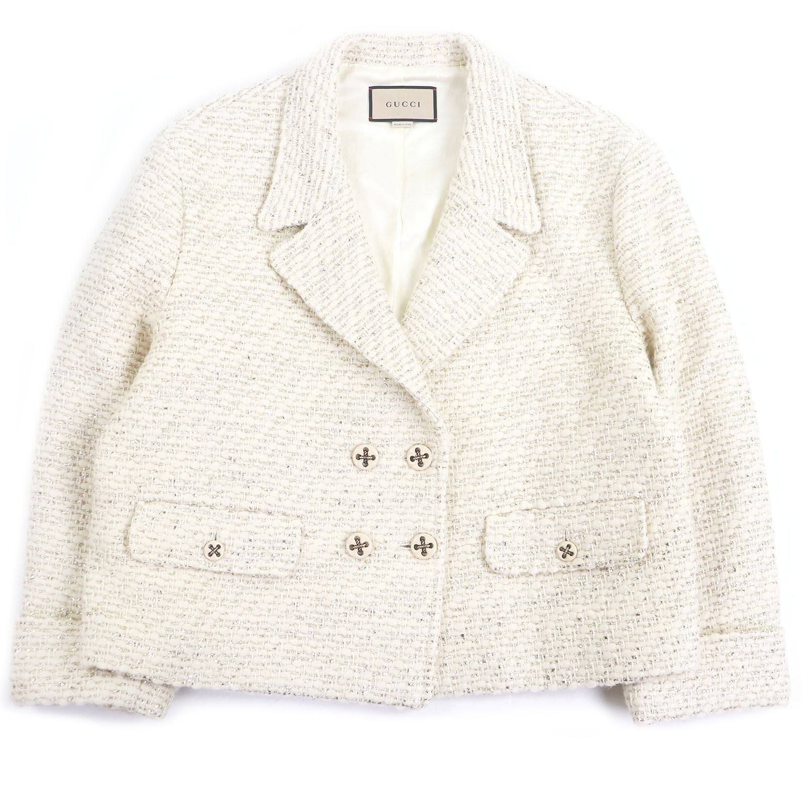 GUCCI 643287 Wool Double Breasted Tweed Jacket Ivory Gold Size 48 - Near Mint