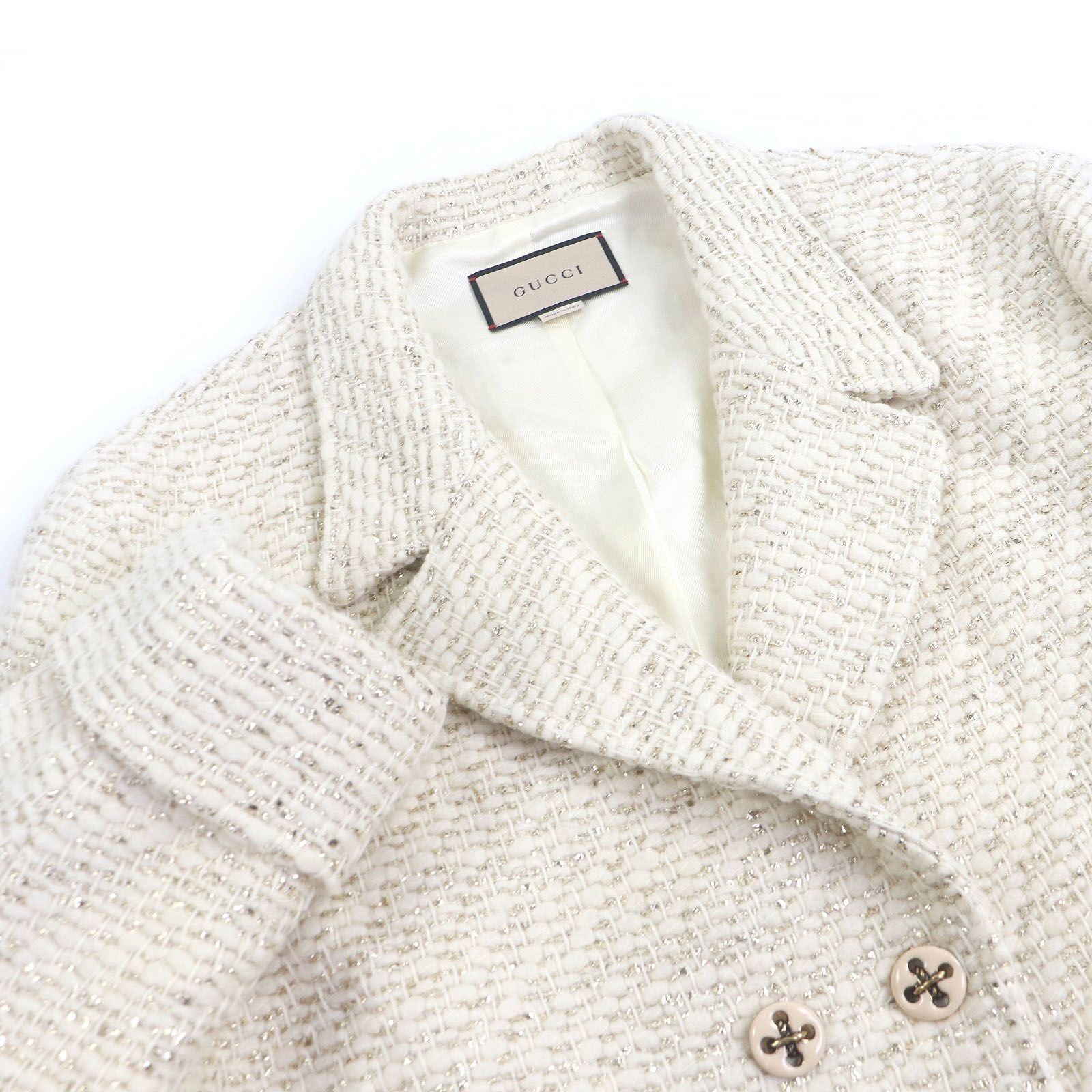 GUCCI 643287 Wool Double Breasted Tweed Jacket Ivory Gold Size 48 - Near Mint
