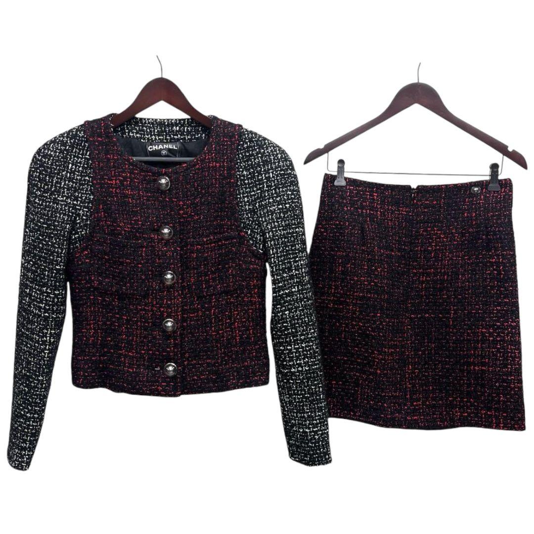 CHANEL Coco Button Paneled Tweed Collarless Jacket & Skirt Setup Size 38