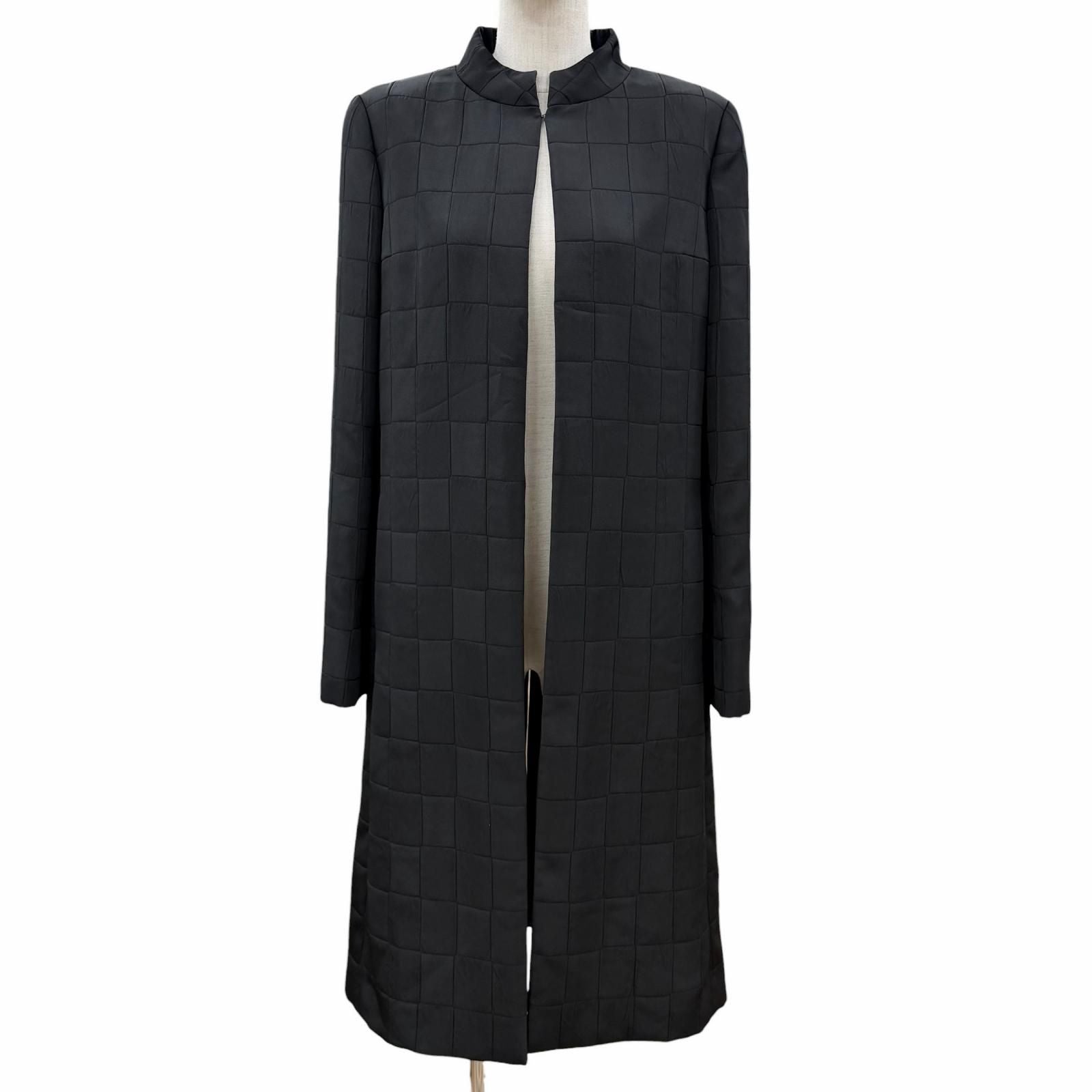CHANEL Vintage 00A Stand Collar Long Coat Silk Lining CC Logo Hardware Black Size 38