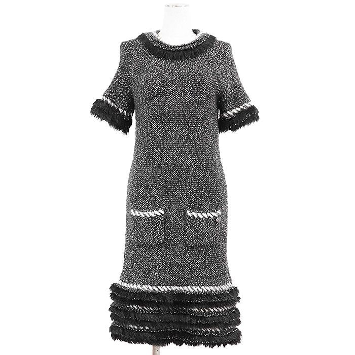 CHANEL P39939 Melange Knit & Faux Fur Combination Cashmere Blend Short Sleeve Dress Black White Size 38