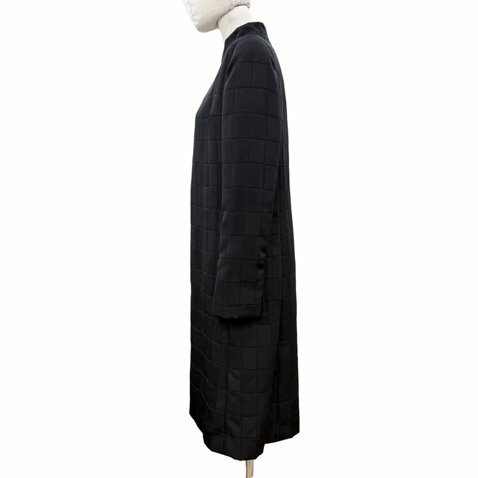 CHANEL Vintage 00A Stand Collar Long Coat Silk Lining CC Logo Hardware Black Size 38