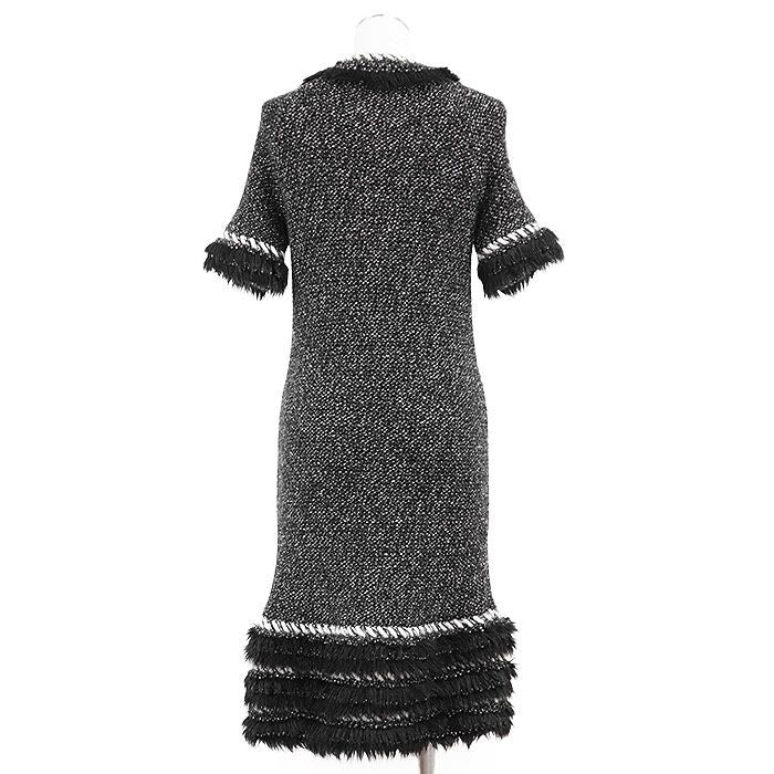 CHANEL P39939 Melange Knit & Faux Fur Combination Cashmere Blend Short Sleeve Dress Black White Size 38
