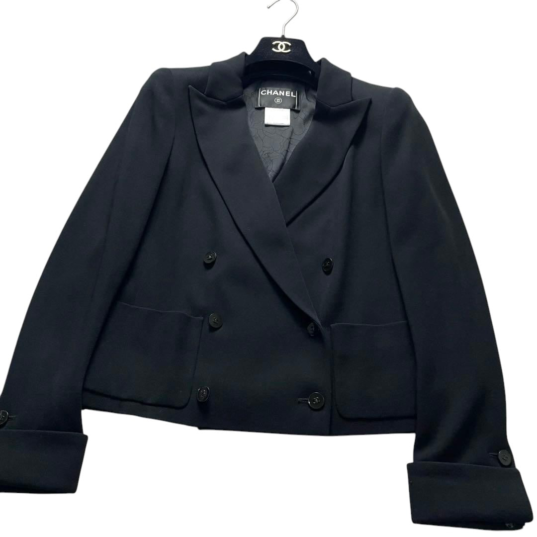CHANEL Double-Breasted Jacket Camellia Lining CC Logo Button Size 36