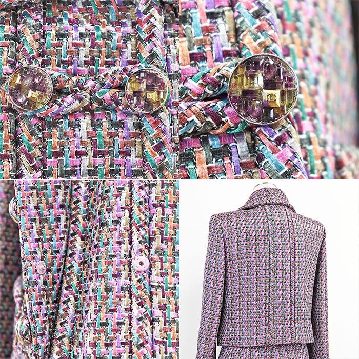 CHANEL P51408/P51431 2015 Tweed CC Logo Double Breasted Jacket & Skirt Setup Multicolor Size 38