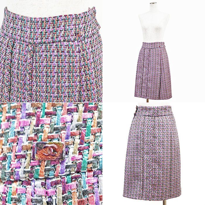CHANEL P51408/P51431 2015 Tweed CC Logo Double Breasted Jacket & Skirt Setup Multicolor Size 38
