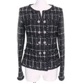 CHANEL P47857 Silk Blend CC Button Tweed Collarless Jacket Black White Size 36