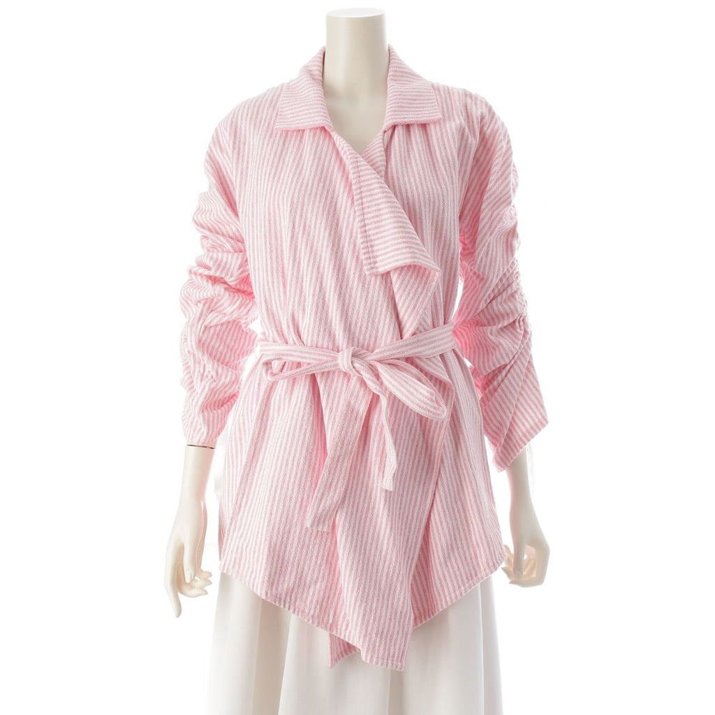 CHANEL Cotton CC Logo Stripe Belted Coat Pink White Size 36