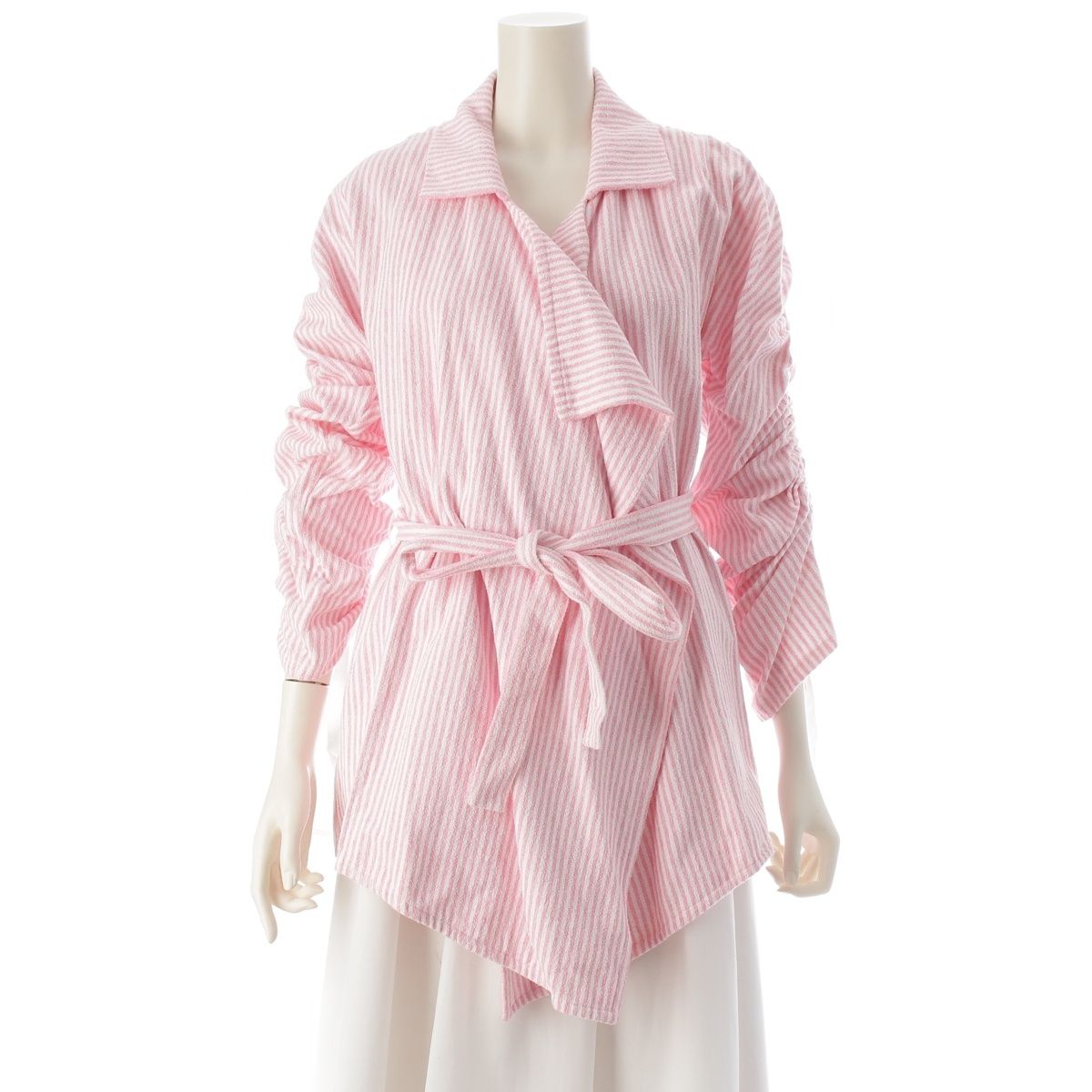 CHANEL Cotton CC Logo Stripe Belted Coat Pink White Size 36