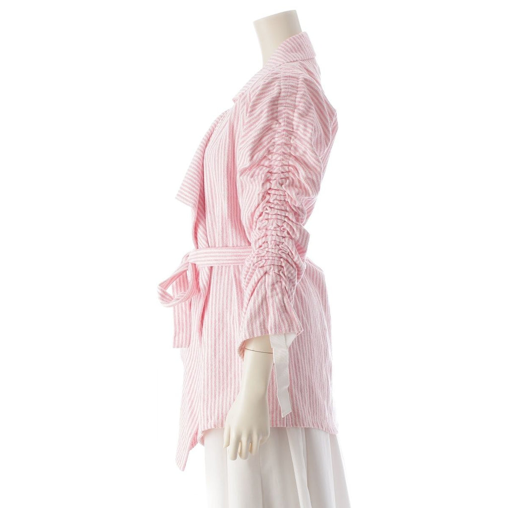 CHANEL Cotton CC Logo Stripe Belted Coat Pink White Size 36