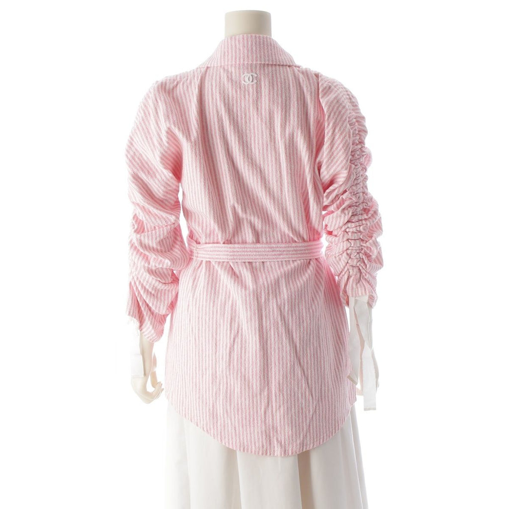 CHANEL Cotton CC Logo Stripe Belted Coat Pink White Size 36