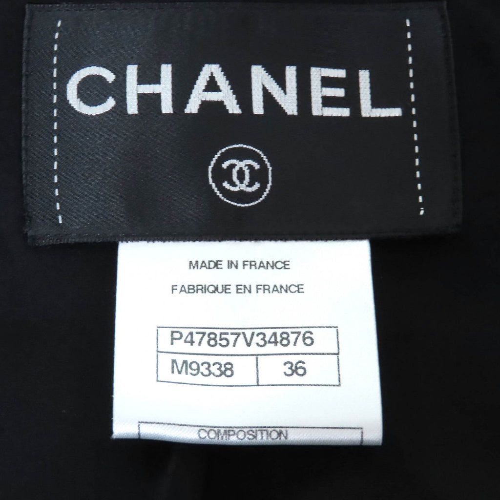 CHANEL P47857 Silk Blend CC Button Tweed Collarless Jacket Black White Size 36