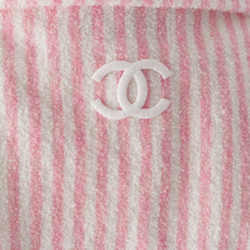 CHANEL Cotton CC Logo Stripe Belted Coat Pink White Size 36