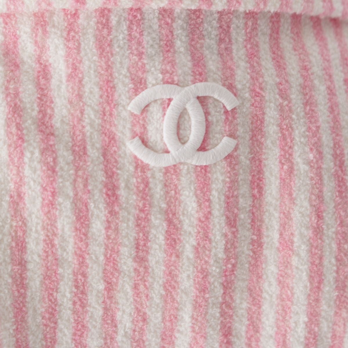 CHANEL Cotton CC Logo Stripe Belted Coat Pink White Size 36