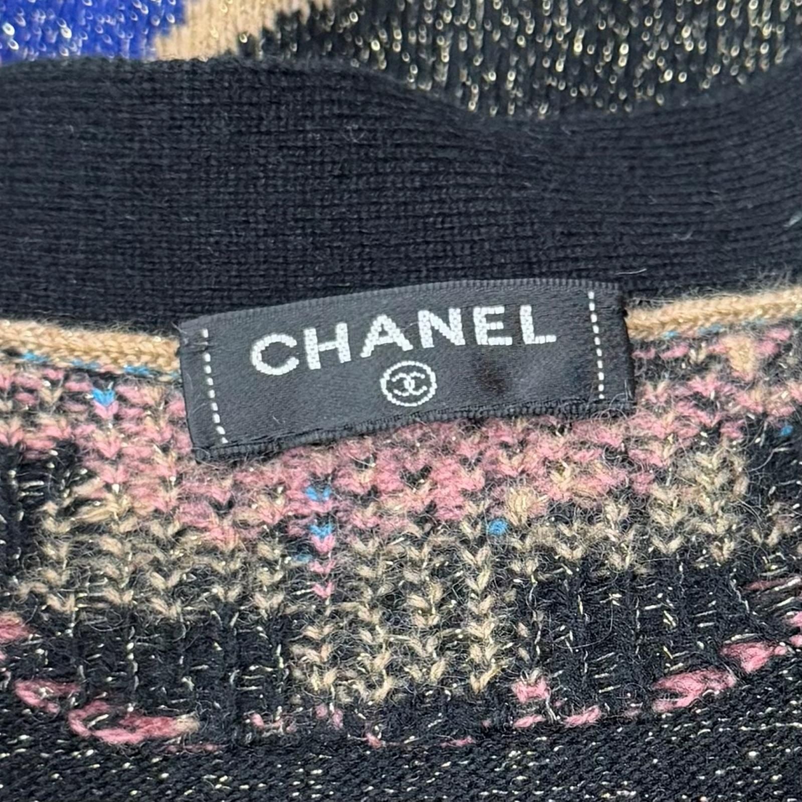 CHANEL Lurex All-Over Pattern V-Neck Cashmere Cardigan CC Logo Button Multi Size 42