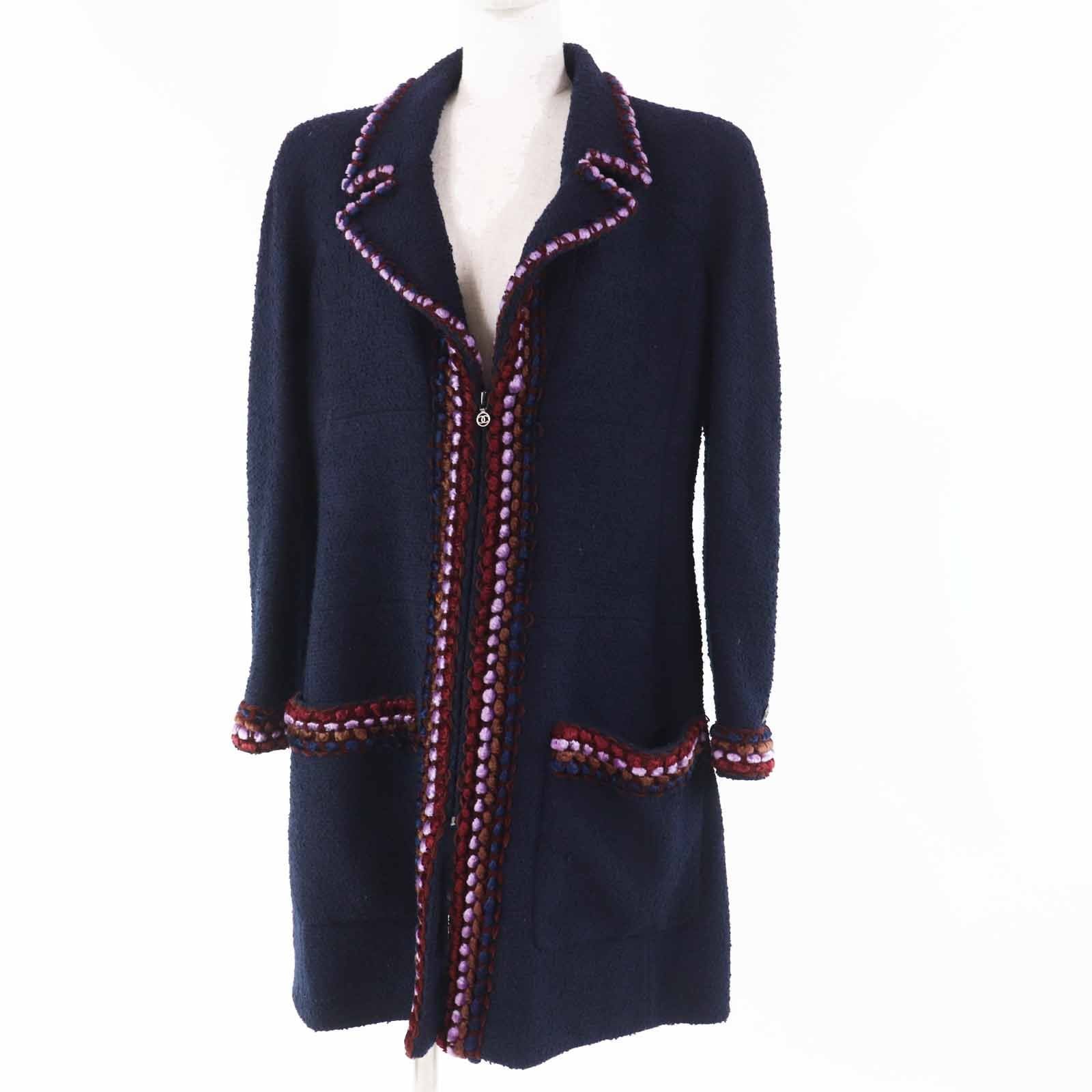 CHANEL Vintage 97A CC Plate Multi-Line Solid Tweed Coat Navy