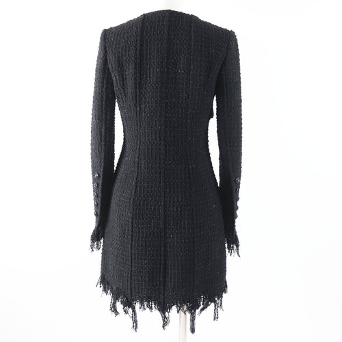 CHANEL 22C Runway Rhinestone CC Button Iridescent Tweed Coat Black Lame