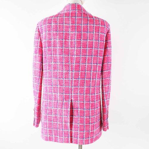 CHANEL 24P Cotton CC Bijou Button Check Tweed Jacket Pink Blue White