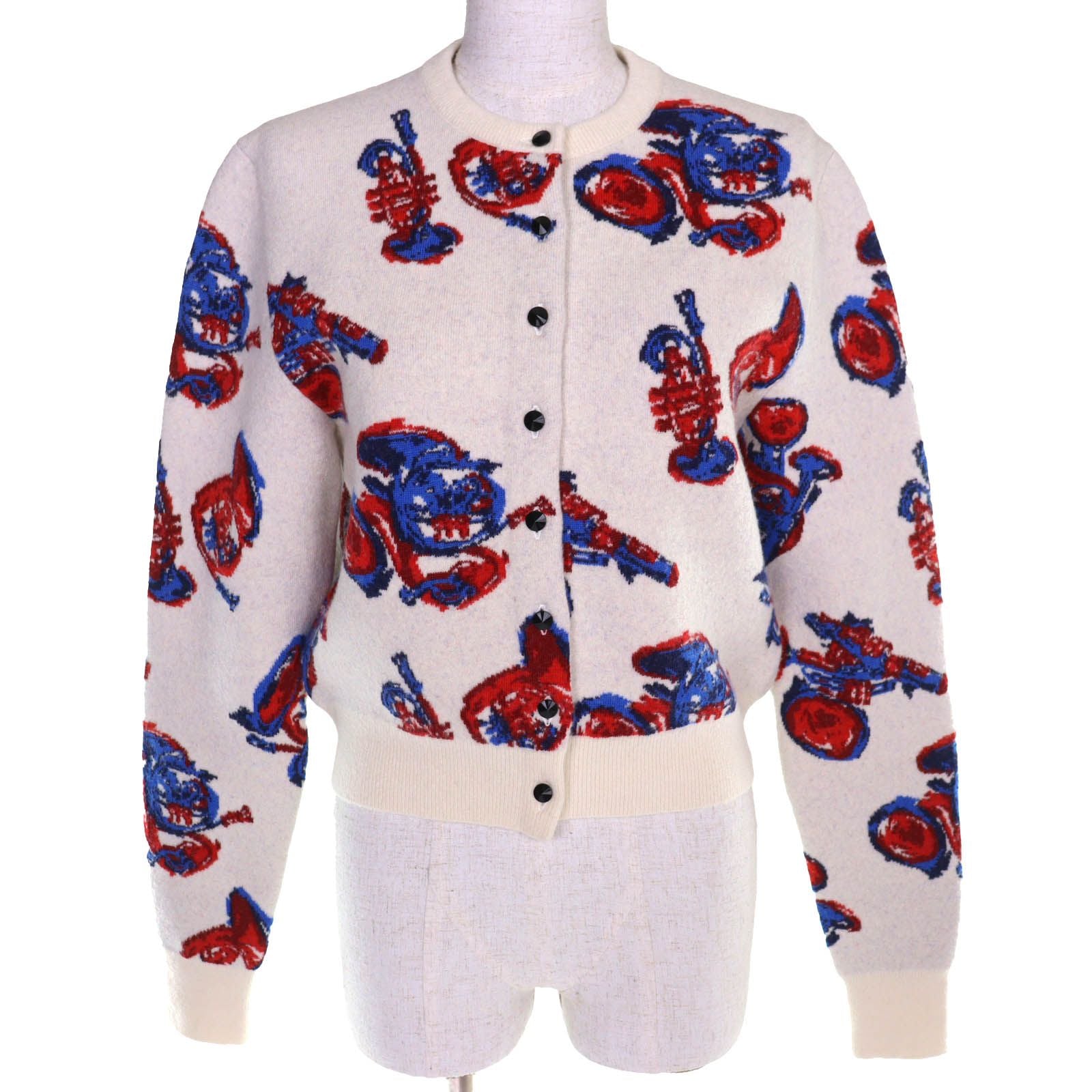 LOUIS VUITTON 2023 Trumpet Horn Pattern Wool Cashmere Blend Cardigan Runway Ivory Red Blue Size XS
