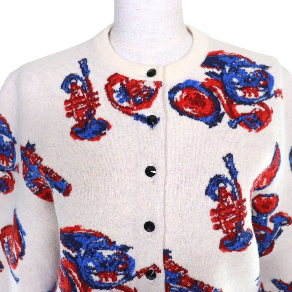 LOUIS VUITTON 2023 Trumpet Horn Pattern Wool Cashmere Blend Cardigan Runway Ivory Red Blue Size XS