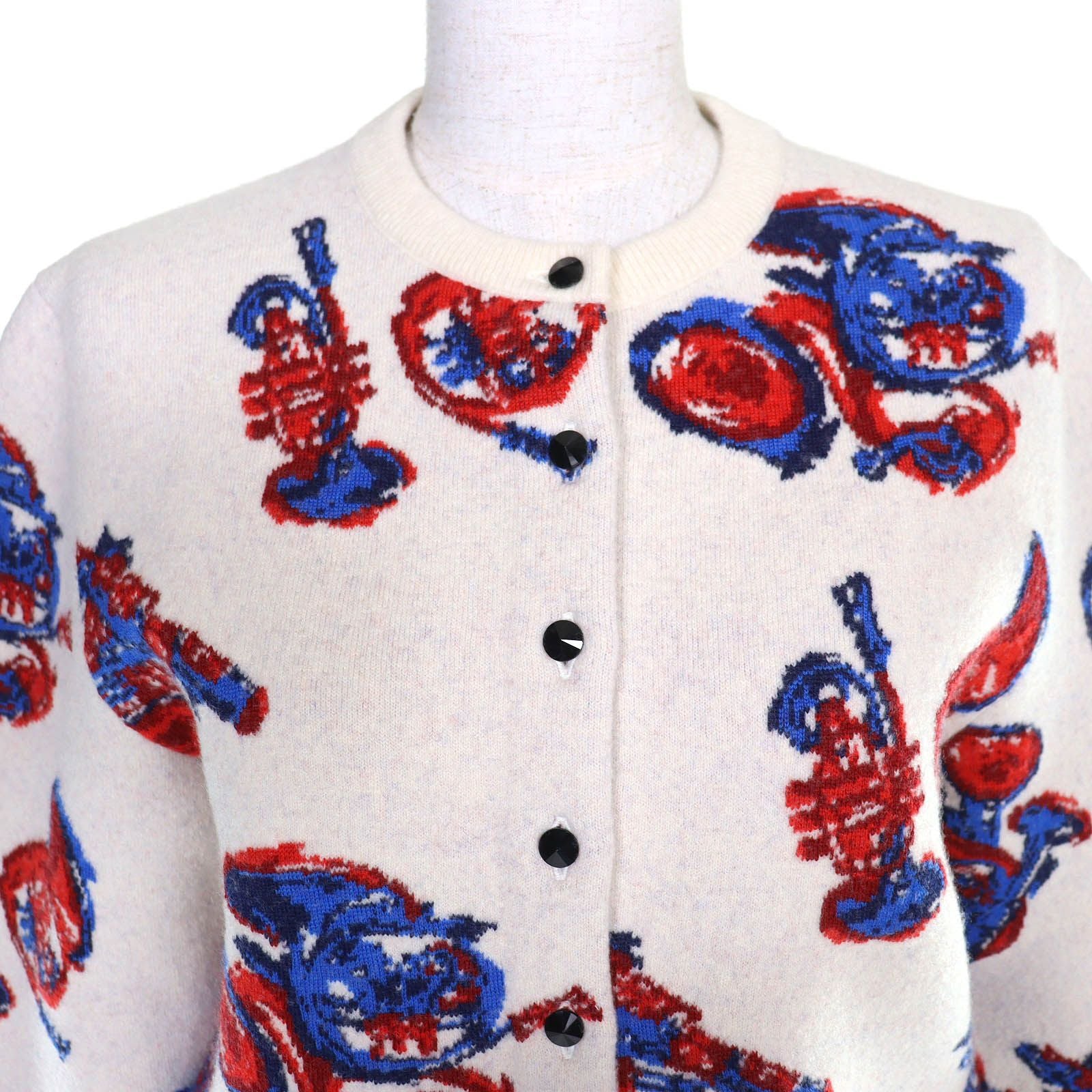 LOUIS VUITTON 2023 Trumpet Horn Pattern Wool Cashmere Blend Cardigan Runway Ivory Red Blue Size XS