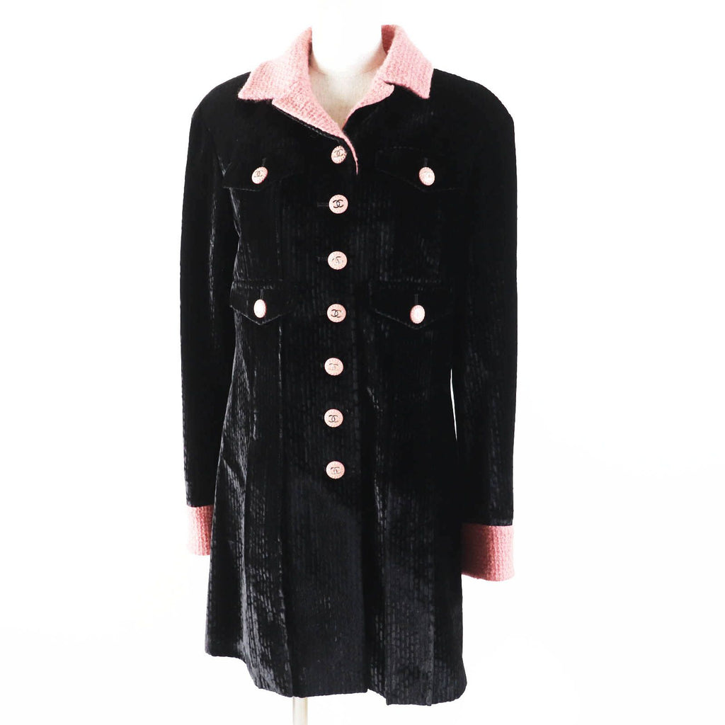 CHANEL 22B Silk Blend CC Button Tweed Velvet Coat Black Pink
