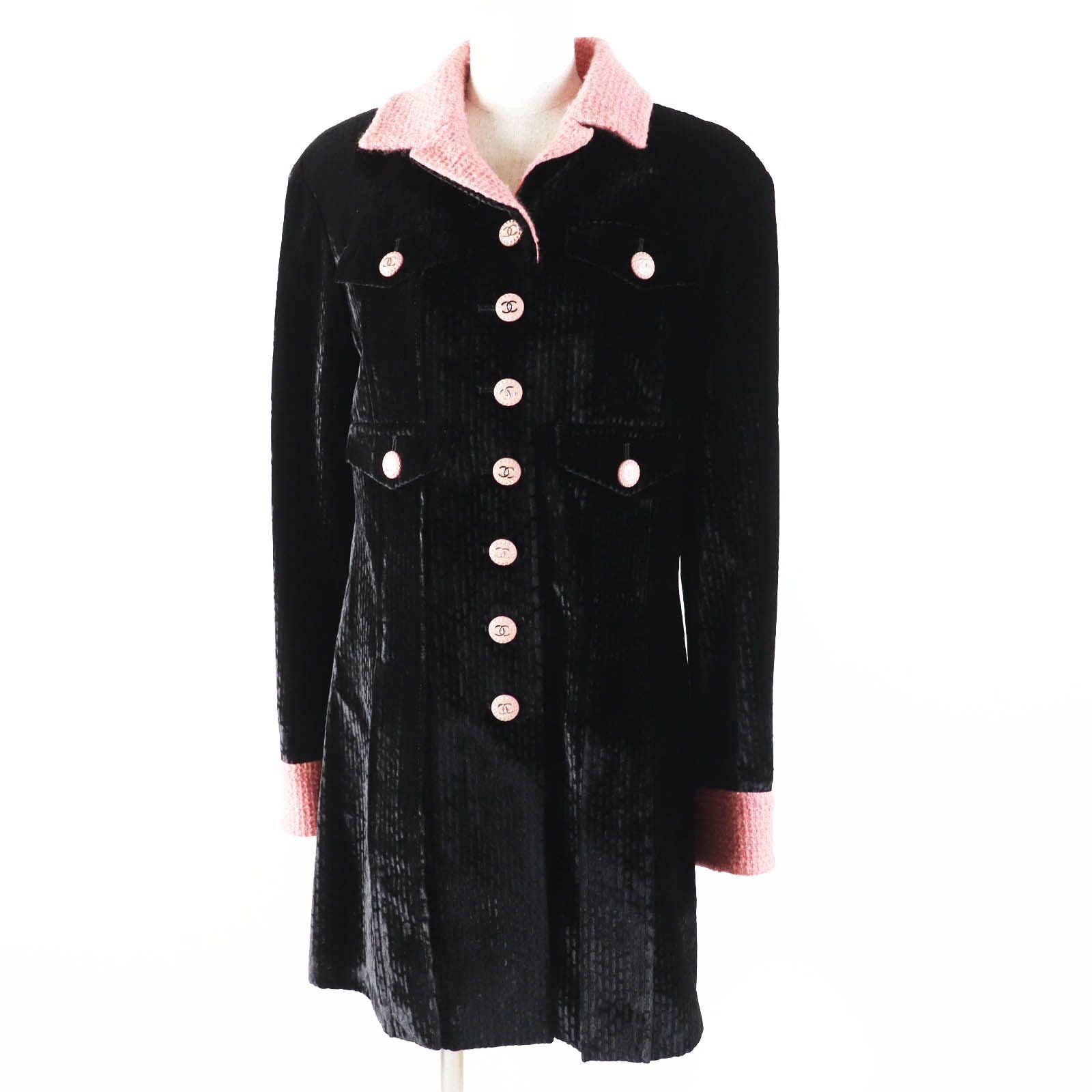 CHANEL 22B Silk Blend CC Button Tweed Velvet Coat Black Pink