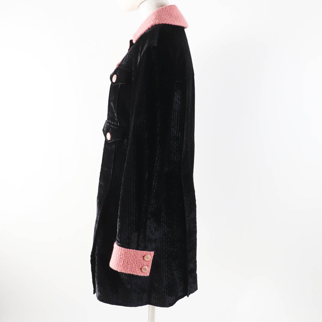 CHANEL 22B Silk Blend CC Button Tweed Velvet Coat Black Pink