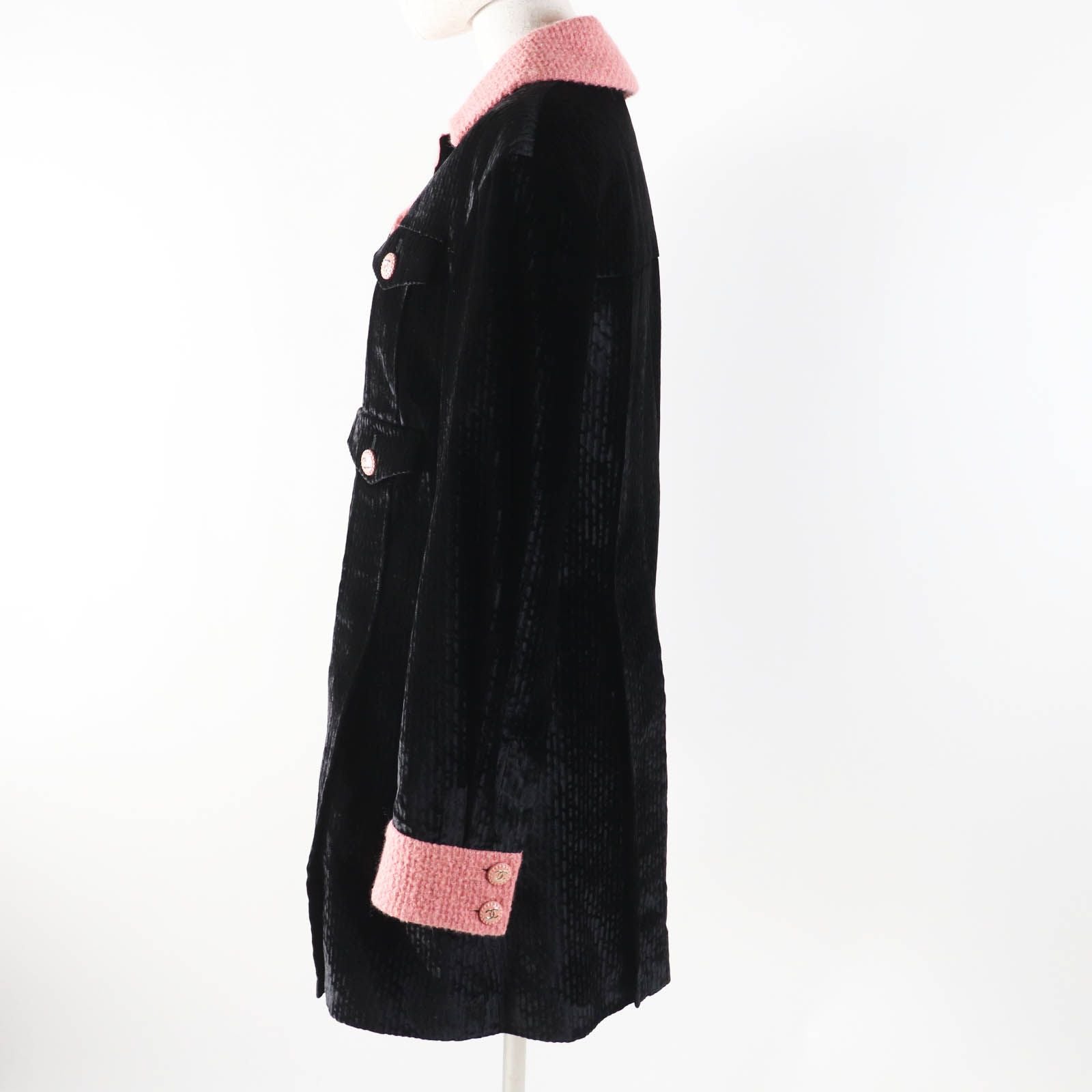 CHANEL 22B Silk Blend CC Button Tweed Velvet Coat Black Pink
