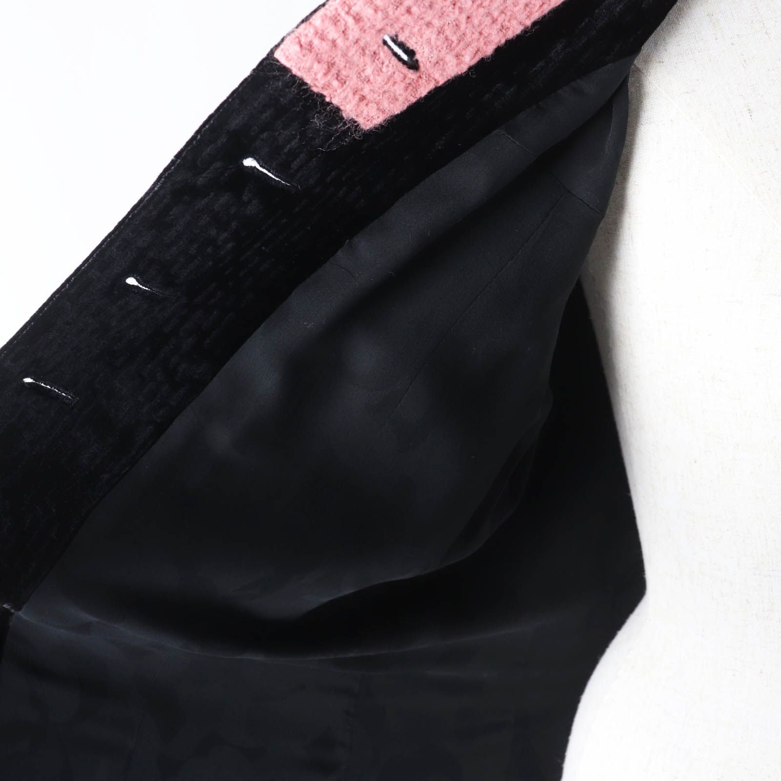 CHANEL 22B Silk Blend CC Button Tweed Velvet Coat Black Pink