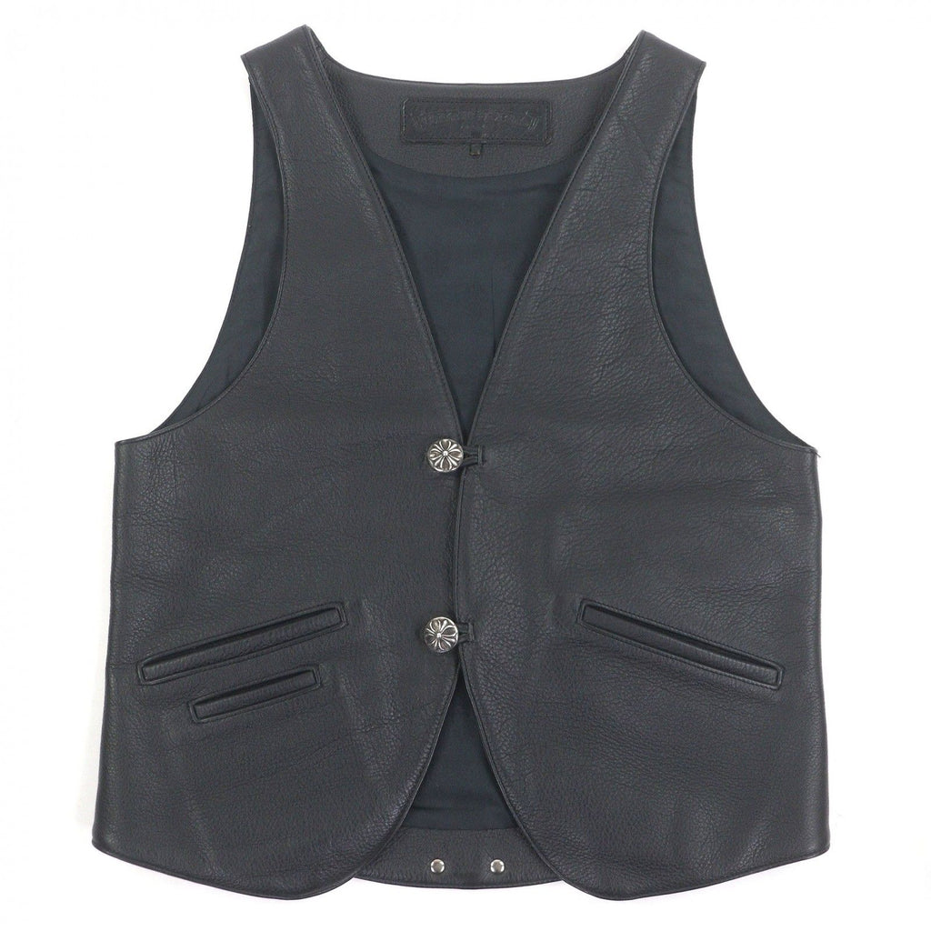 CHROME HEARTS Classic 2B Cross Ball Button Scroll Label Leather Vest Black Size S