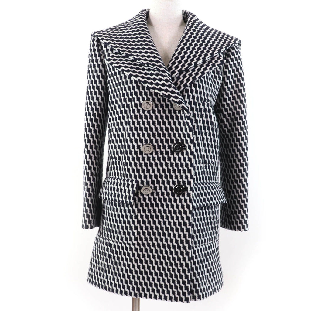 CHANEL Wool Hexagon CC Button Sailor Collar Zigzag Coat Black White