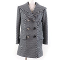 CHANEL Wool Hexagon CC Button Sailor Collar Zigzag Coat Black White