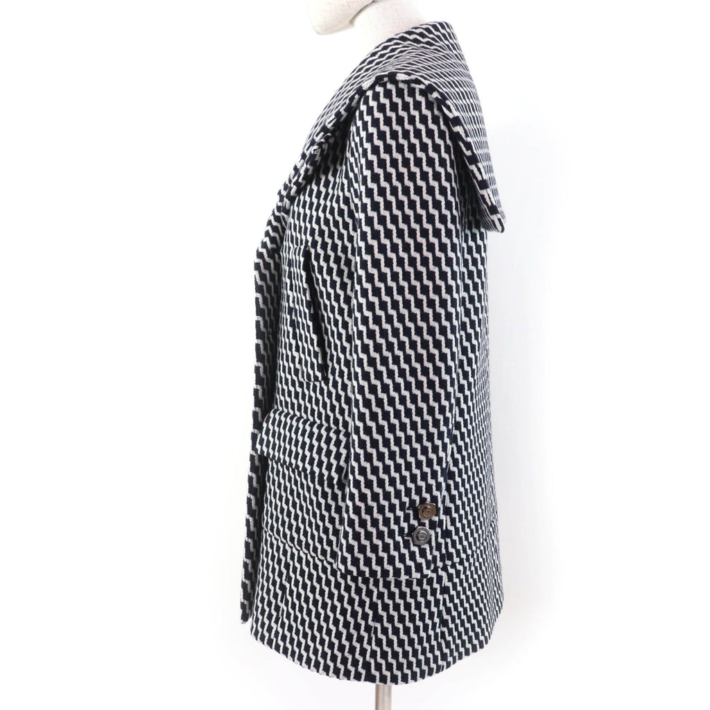 CHANEL Wool Hexagon CC Button Sailor Collar Zigzag Coat Black White