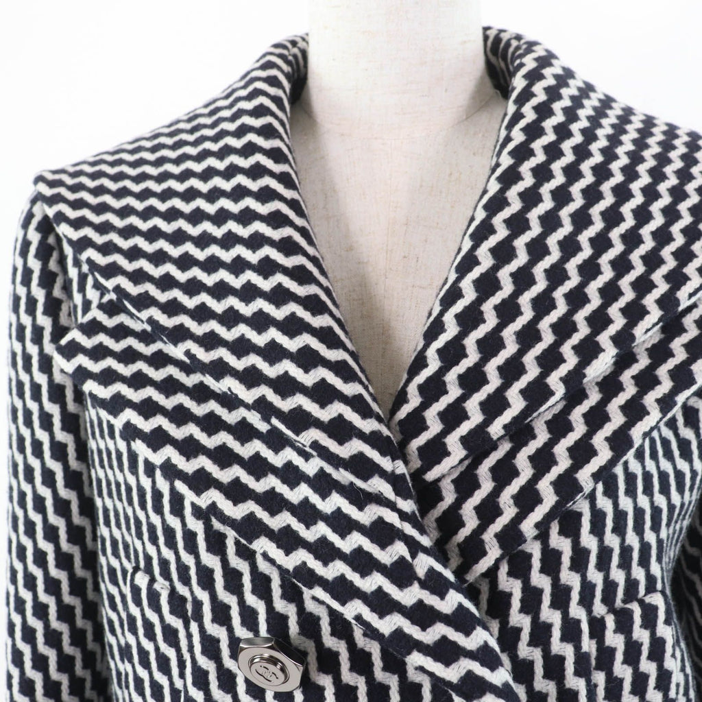 CHANEL Wool Hexagon CC Button Sailor Collar Zigzag Coat Black White