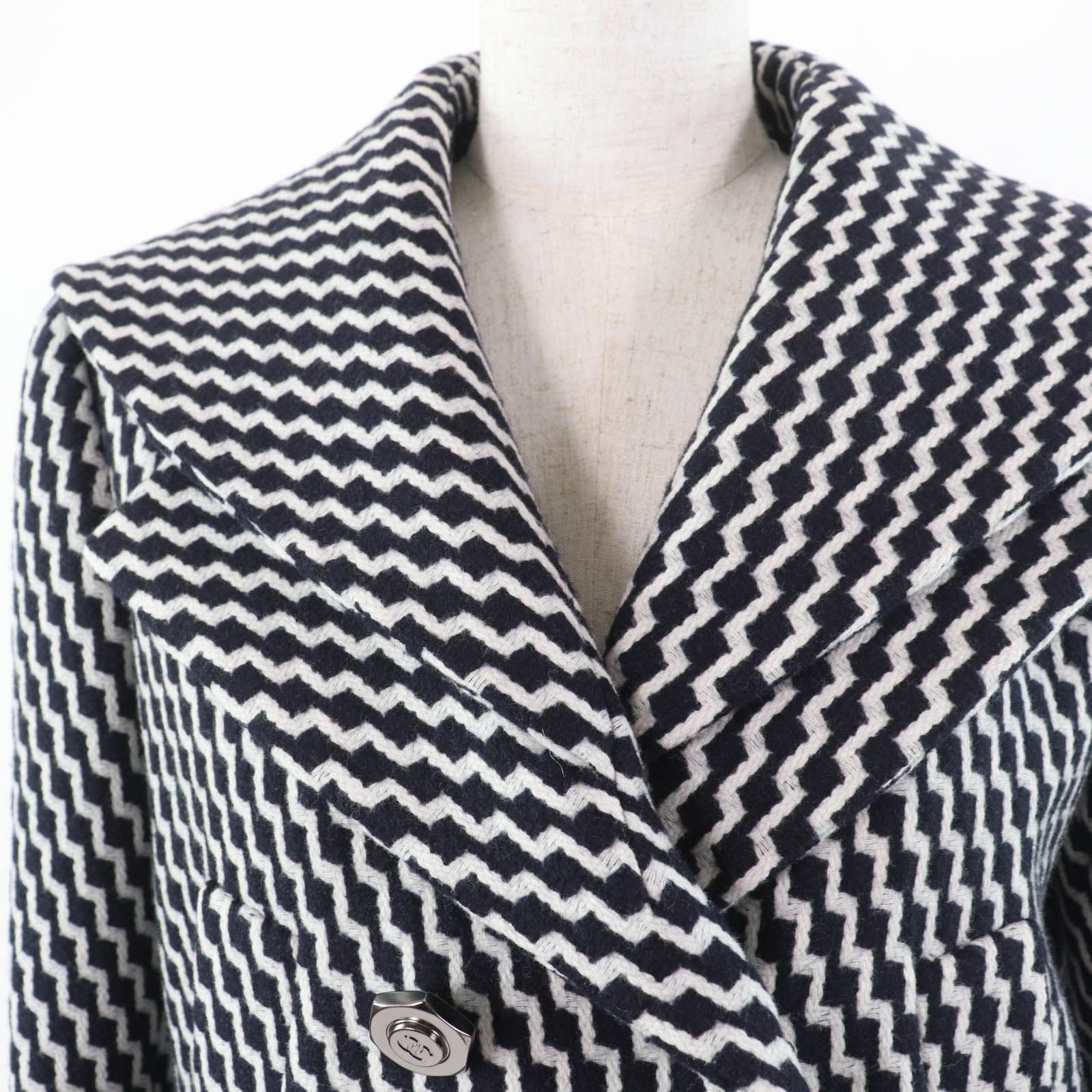 CHANEL Wool Hexagon CC Button Sailor Collar Zigzag Coat Black White