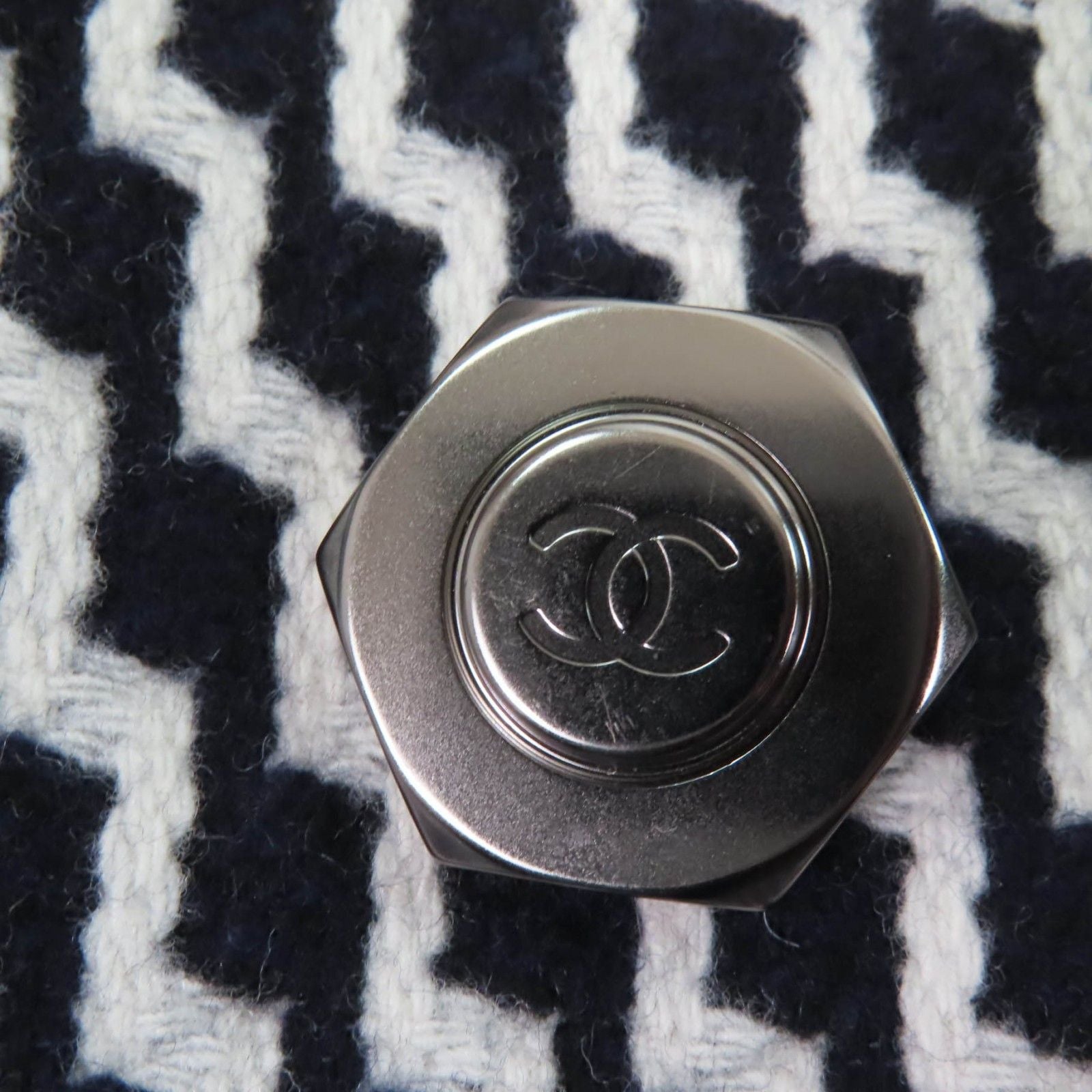 CHANEL Wool Hexagon CC Button Sailor Collar Zigzag Coat Black White