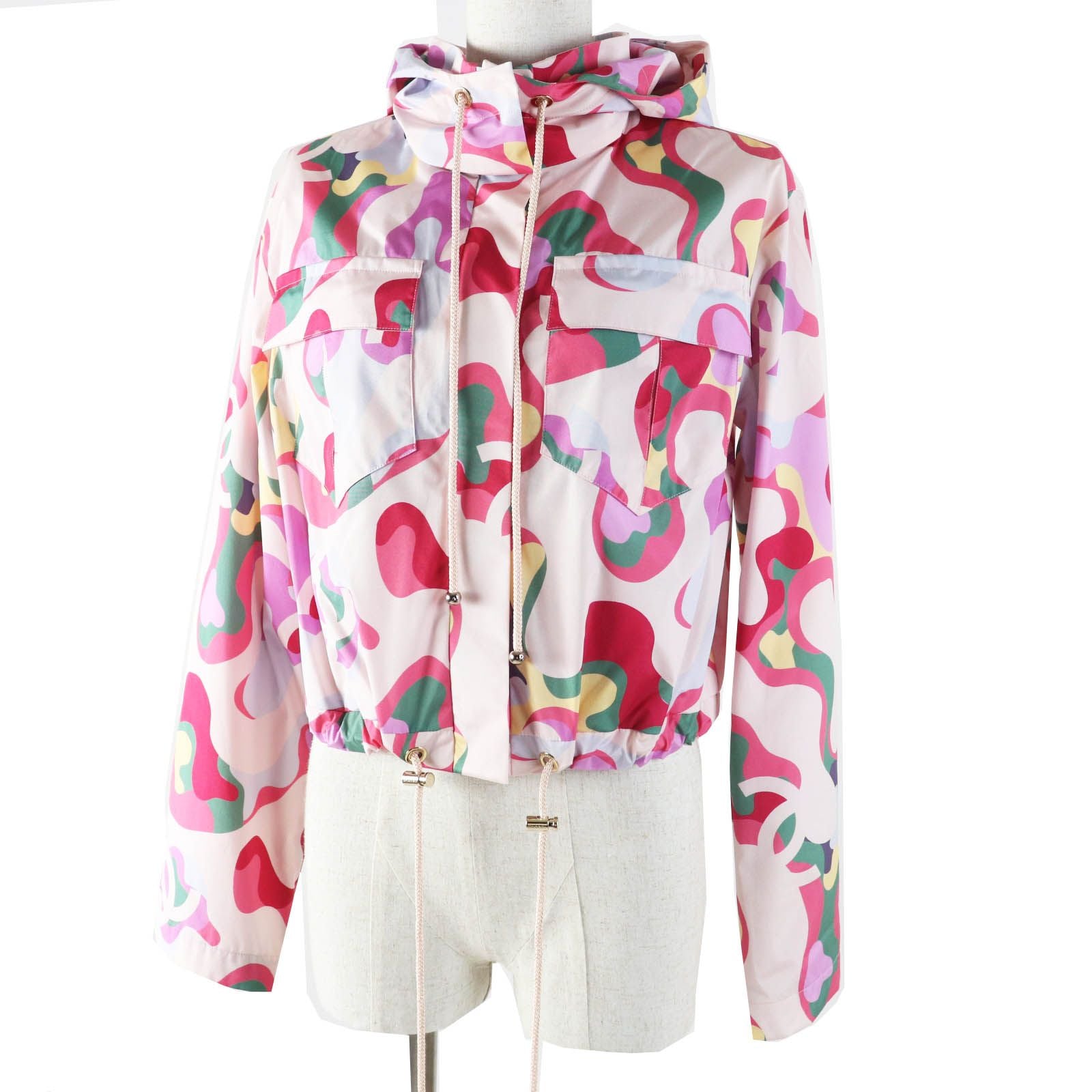 CHANEL 21AW Silk 100% Logo Print Hooded Zip-Up Jacket Blouson