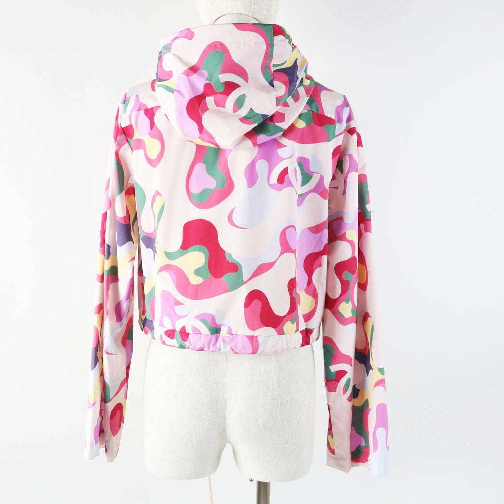 CHANEL 21AW Silk 100% Logo Print Hooded Zip-Up Jacket Blouson