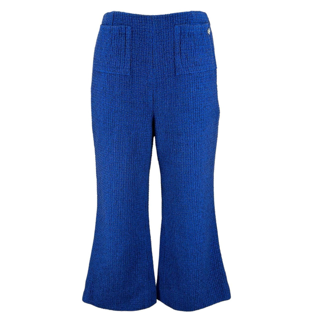 CHANEL Tweed Flare Cropped Pants CC Logo Silk Lining Blue Size 34