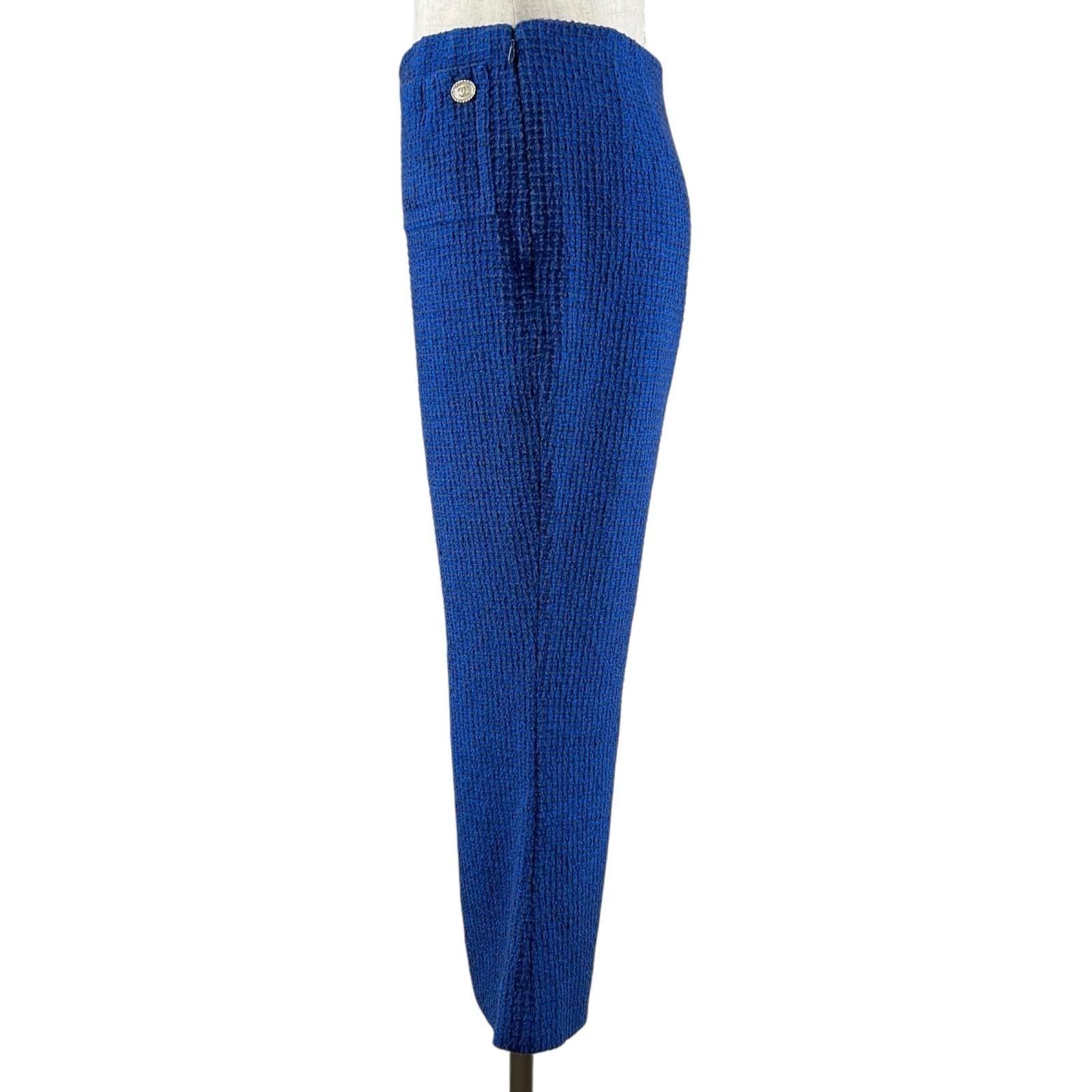 CHANEL Tweed Flare Cropped Pants CC Logo Silk Lining Blue Size 34