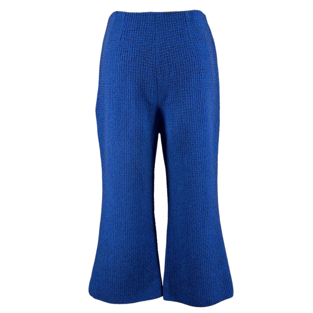 CHANEL Tweed Flare Cropped Pants CC Logo Silk Lining Blue Size 34