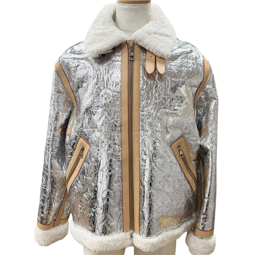LOUIS VUITTON Lamb Leather Vachetta Monogram Mirror Shearling Double Zip Mouton Jacket Silver Size 50