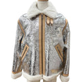 LOUIS VUITTON Lamb Leather Vachetta Monogram Mirror Shearling Double Zip Mouton Jacket Silver Size 50