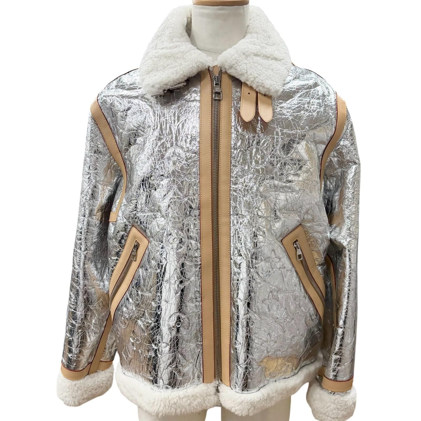 LOUIS VUITTON Lamb Leather Vachetta Monogram Mirror Shearling Double Zip Mouton Jacket Silver Size 50