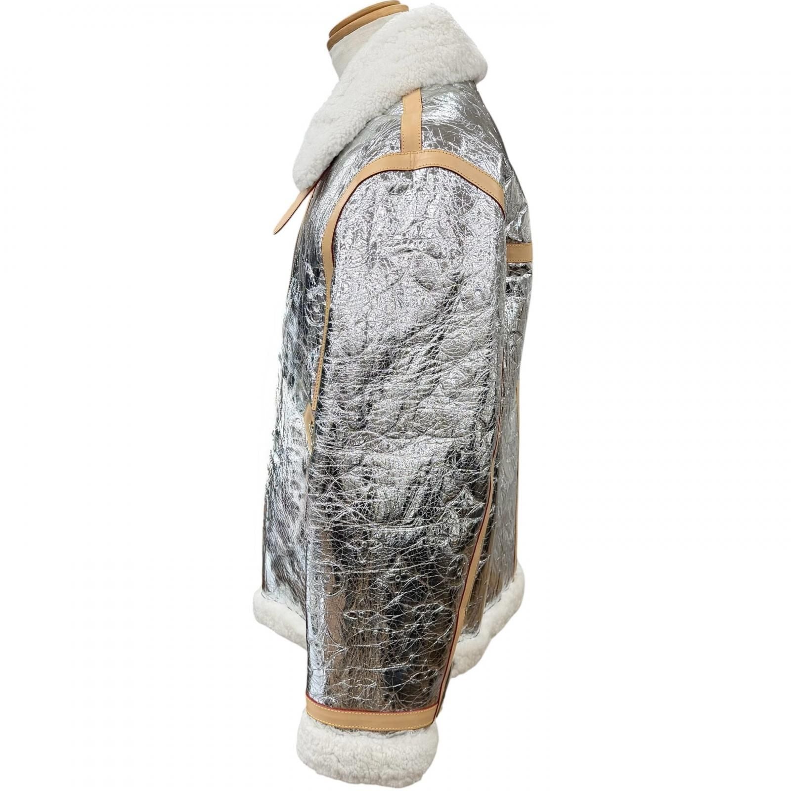 LOUIS VUITTON Lamb Leather Vachetta Monogram Mirror Shearling Double Zip Mouton Jacket Silver Size 50