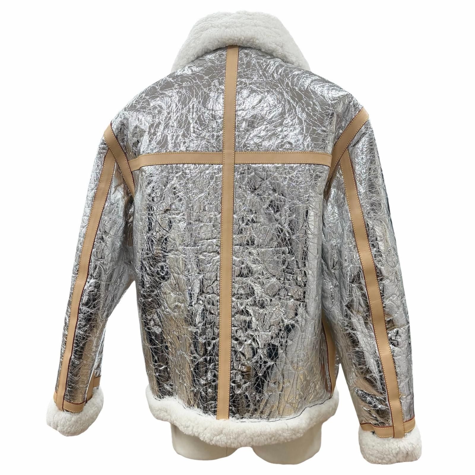 LOUIS VUITTON Lamb Leather Vachetta Monogram Mirror Shearling Double Zip Mouton Jacket Silver Size 50
