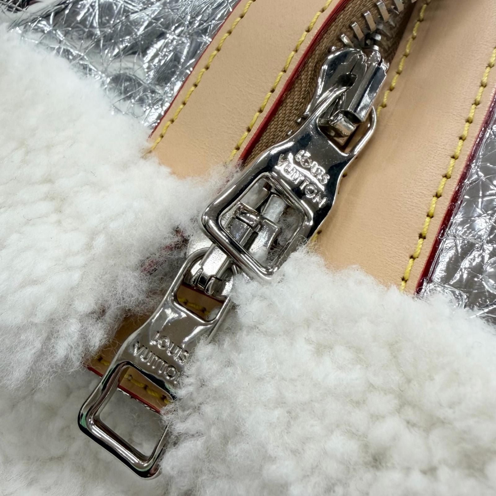 LOUIS VUITTON Lamb Leather Vachetta Monogram Mirror Shearling Double Zip Mouton Jacket Silver Size 50