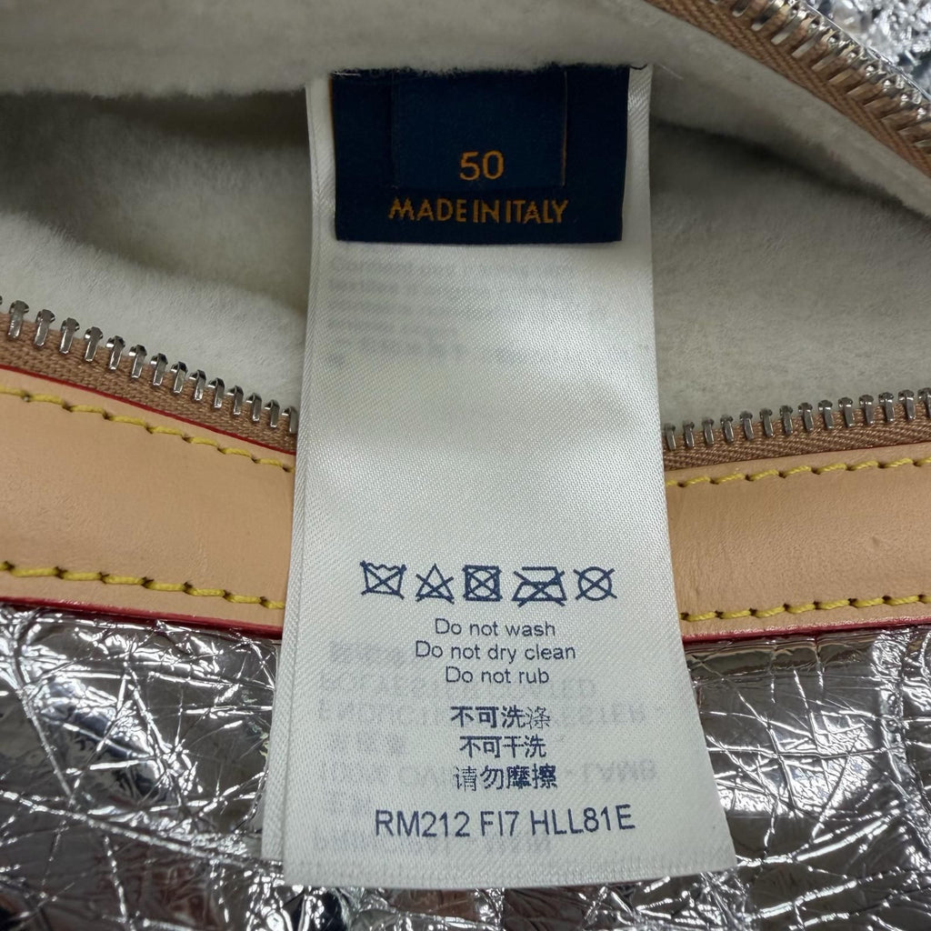 LOUIS VUITTON Lamb Leather Vachetta Monogram Mirror Shearling Double Zip Mouton Jacket Silver Size 50