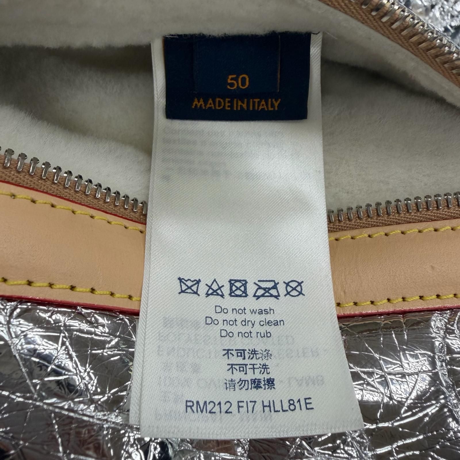 LOUIS VUITTON Lamb Leather Vachetta Monogram Mirror Shearling Double Zip Mouton Jacket Silver Size 50